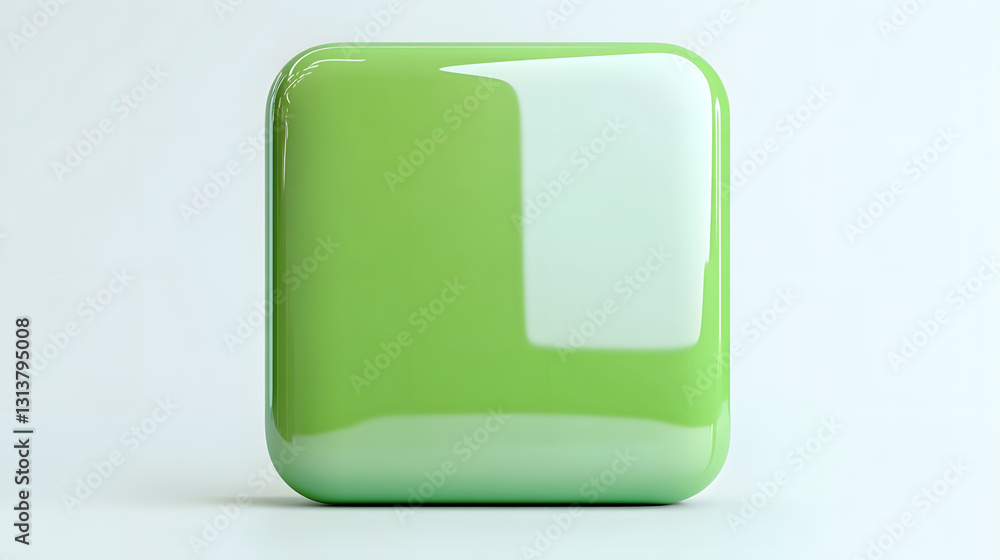 Poster blank mobile application icon, button - green square with round corners. 3d rendering, white backgro