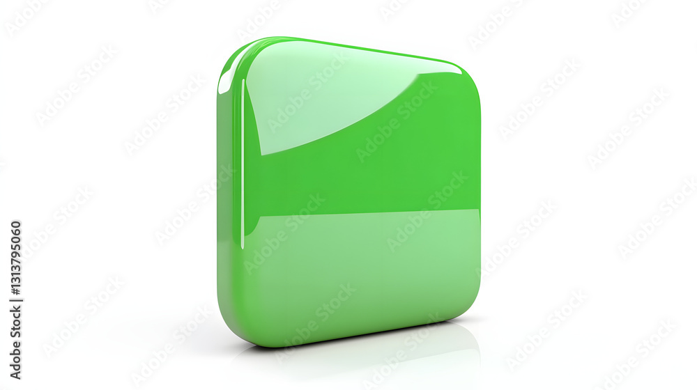Poster blank mobile application icon, button - green square with round corners. 3d rendering, white backgro