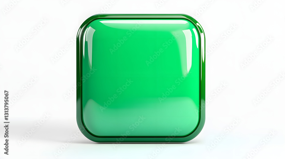 Poster blank mobile application icon, button - green square with round corners. 3d rendering, white backgro