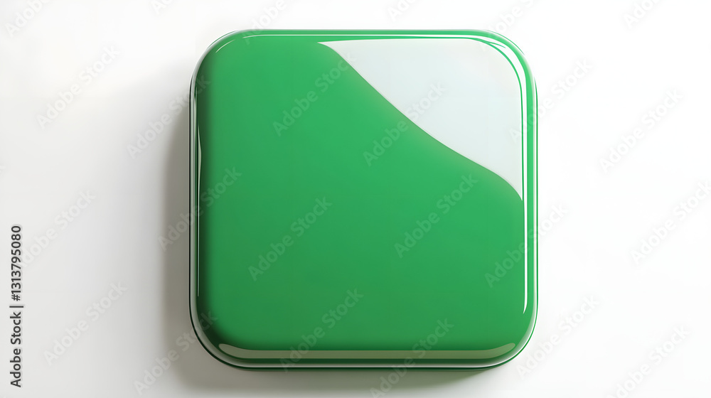 Poster blank mobile application icon, button - green square with round corners. 3d rendering, white backgro