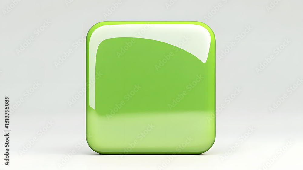 Poster blank mobile application icon, button - green square with round corners. 3d rendering, white backgro