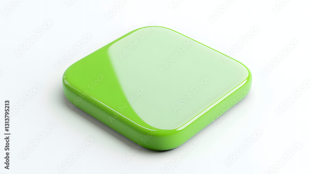 Poster blank mobile application icon, button - green square with round corners. 3d rendering, white backgro