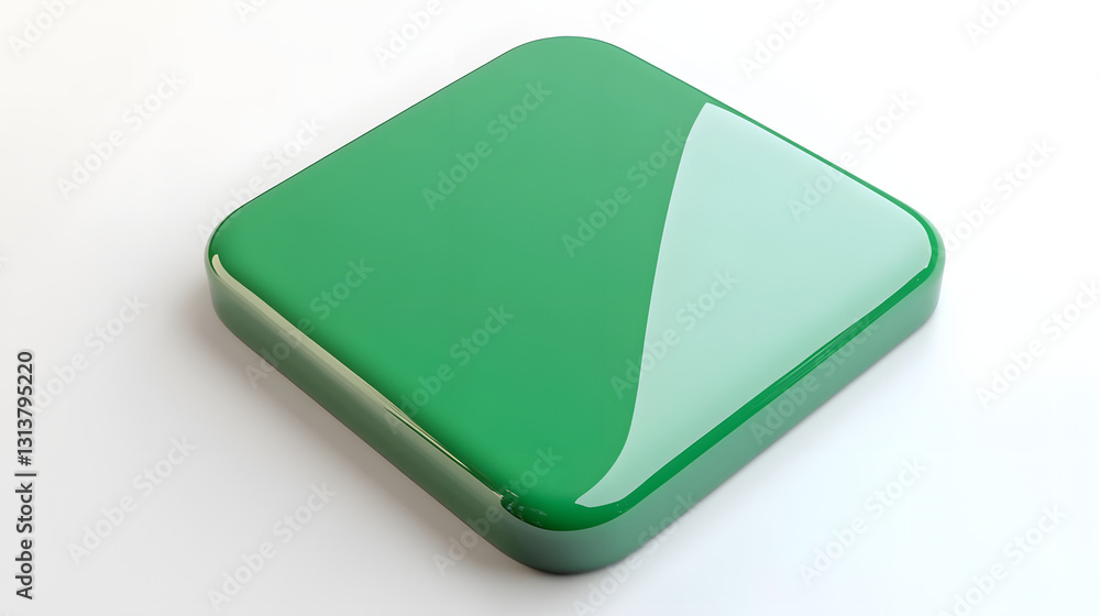 Poster blank mobile application icon, button - green square with round corners. 3d rendering, white backgro