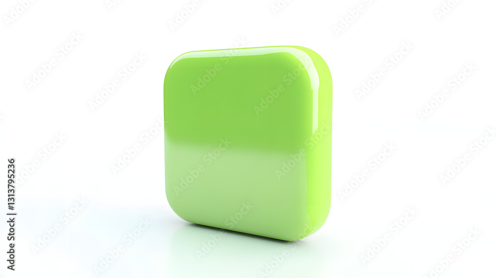 Poster blank mobile application icon, button - green square with round corners. 3d rendering, white backgro