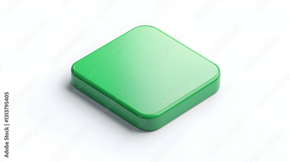 Poster blank mobile application icon, button - green square with round corners. 3d rendering, white backgro