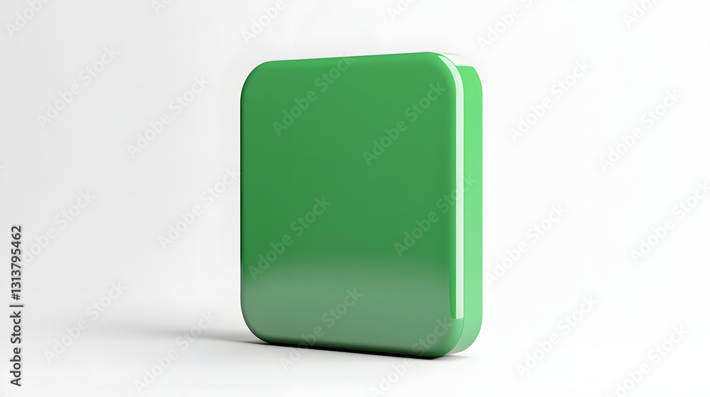 Poster blank mobile application icon, button - green square with round corners. 3d rendering, white backgro