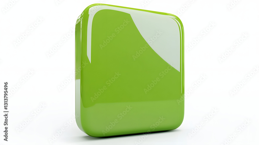 Poster blank mobile application icon, button - green square with round corners. 3d rendering, white backgro