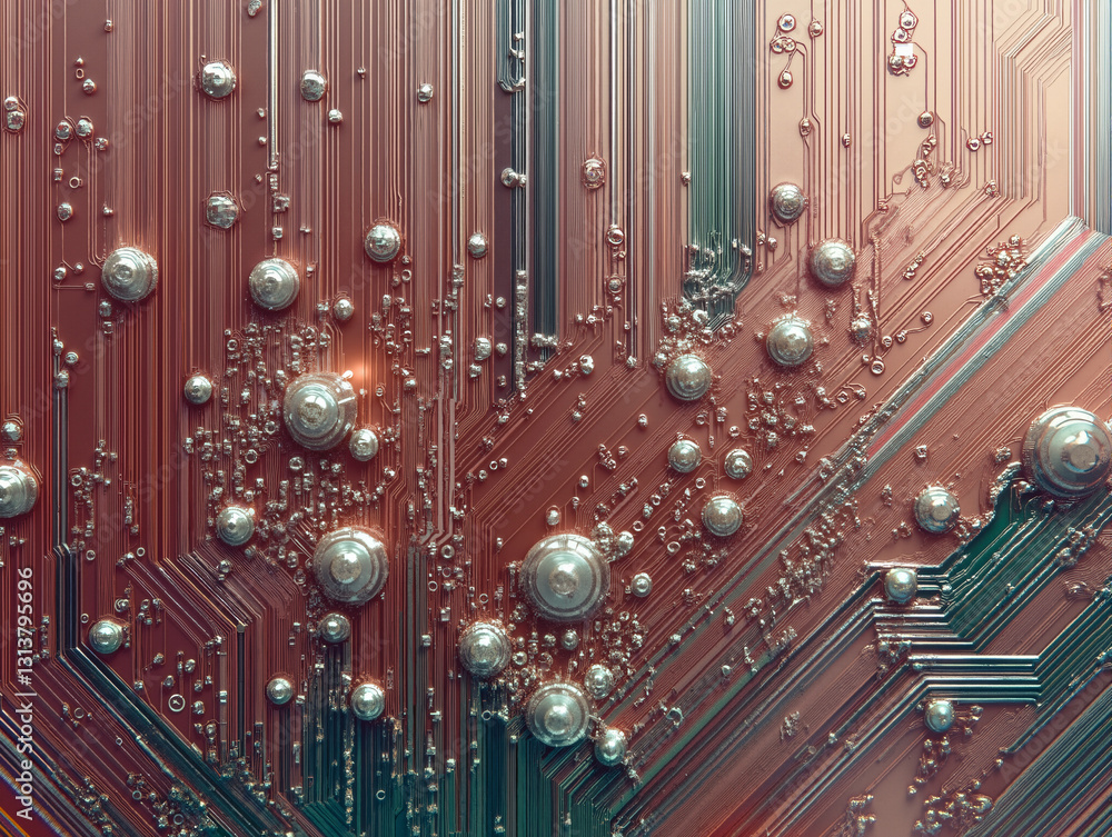 Poster a close up of a computer circuit board with a lot of water droplets on it. the board is composed of 