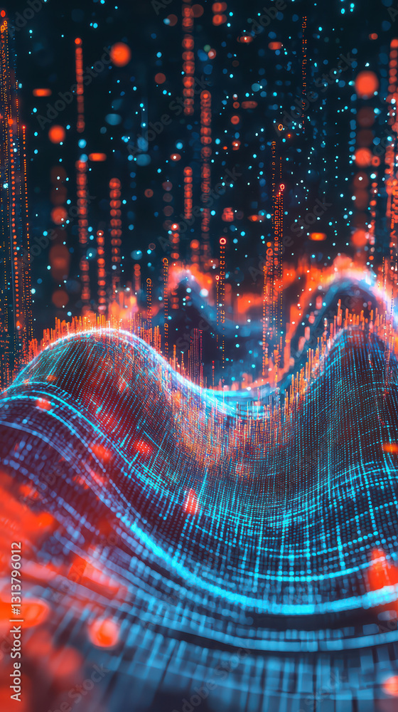 Poster digital landscape: a futuristic digital rendering depicts data streams and abstract 3d mesh, symboli