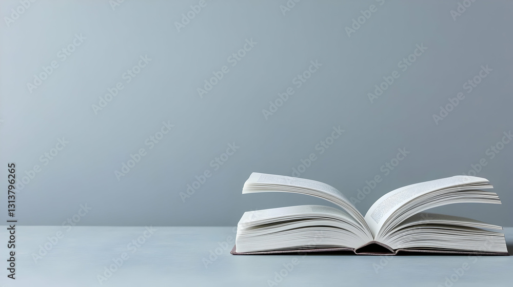 Aufkleber open book with flipping pages on a gray table against a soft gray backdrop in a minimalist style