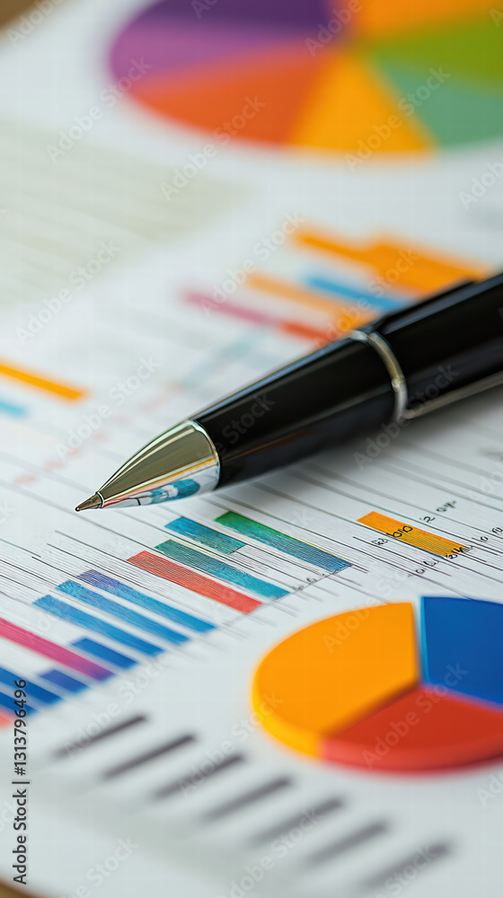 Poster data analysis: a close-up shot showcases a pen poised above an array of vibrant pie charts and detai