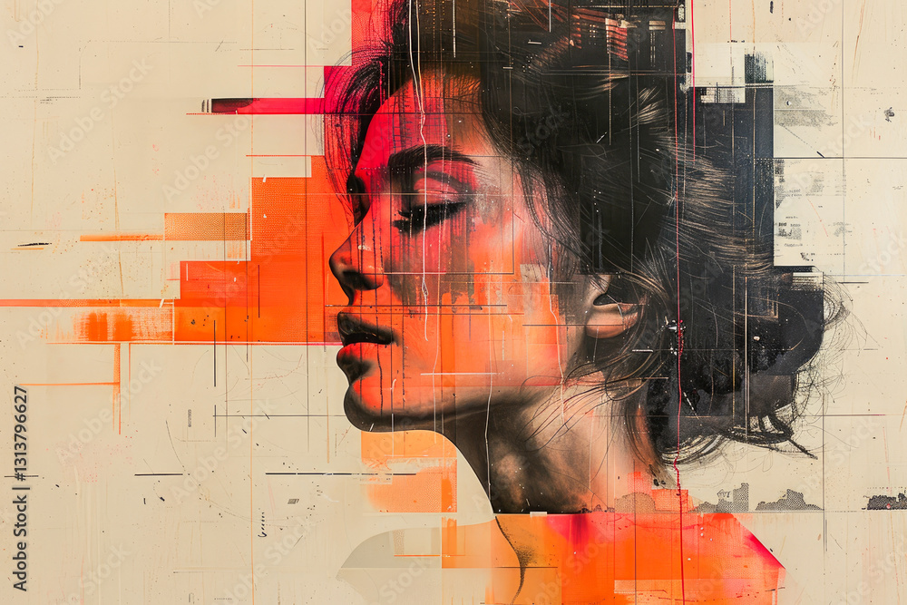 Poster this image features an abstract portrait with vivid colors and layered textures, capturing a unique 