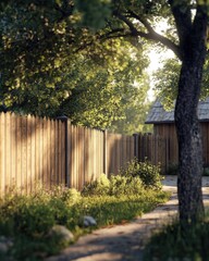 Fototapeta premium A wooden fence with a tree standing tall in front, great for outdoor or nature-inspired designs