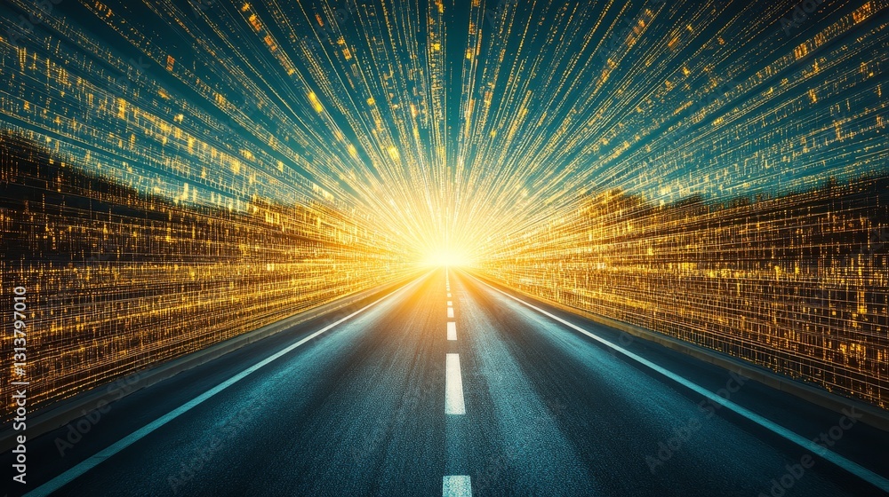 Poster illuminated pathway future perspective concept with golden glow abstract data stream vision highway 