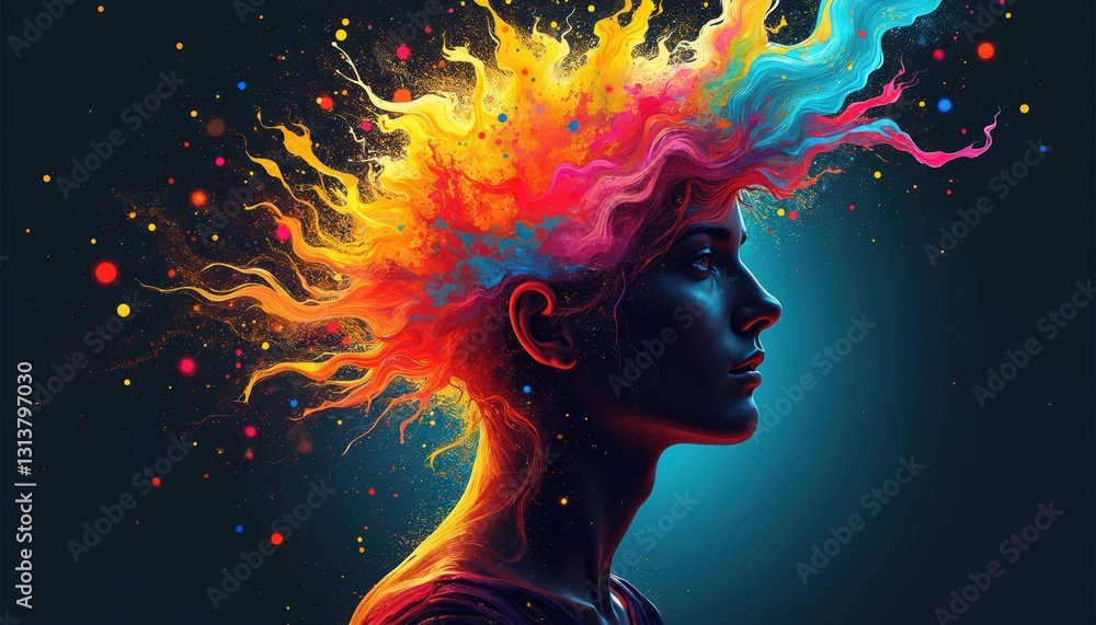 Poster Silhouette of head profile with colorful abstract shapes flowing outward. Represents boundless creativity, innovative thinking. Glowing light, vibrant colors, smooth lines. Promotes inspiration,