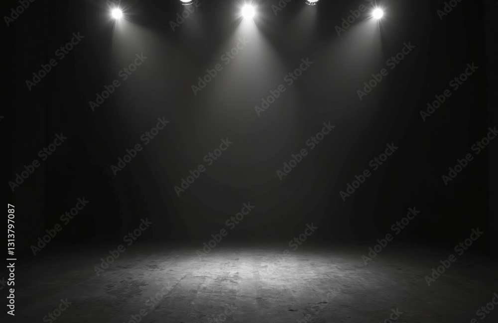 Poster showcase with spotlight in black studio room with concrete floor, use as montage for product display