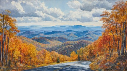 Fototapeta premium Autumn mountains landscape with rolling hills and colorful trees under cloudy sky