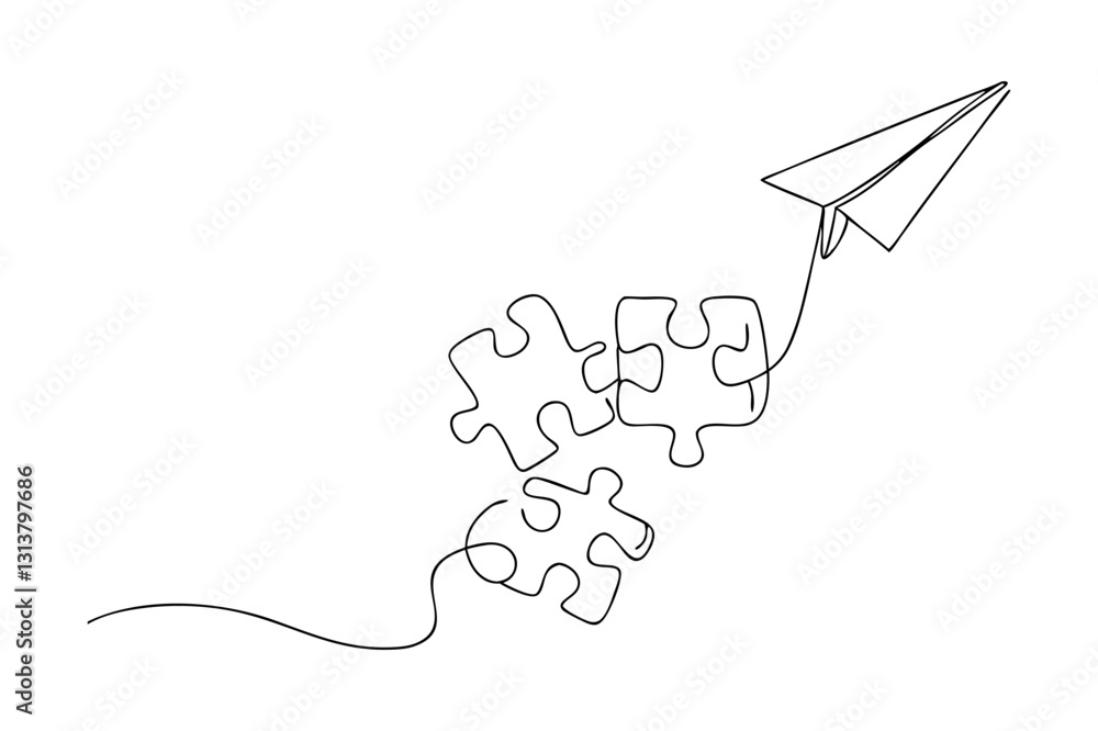 Poster illustration of a flying plane. paper plane soaring with puzzle pieces in one continuous line. a met