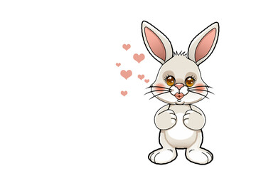 Bright bunny gives a kiss. Hearts are in his eyes and in the air. Isolated in front of a transparent background.