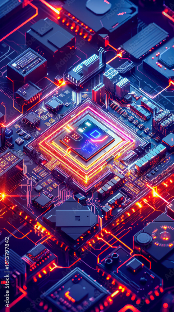 Poster the vibrant close-up of a computer chip illuminated with glowing elements, revealing the intricate d