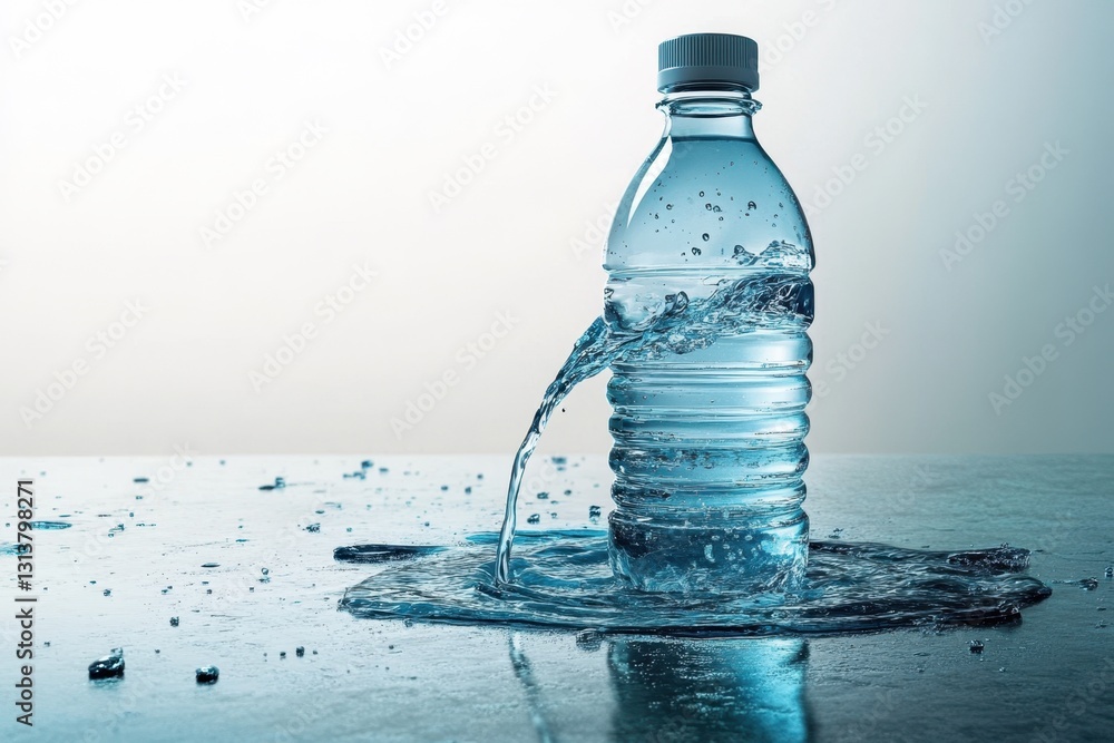 Poster water bottle splashing on a reflective surface in a minimalist setting