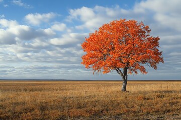 Vibrant Orange Tree Stands Alone in a Golden Grassland under a Cloudy Sky