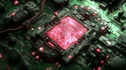 Fototapeta premium Futuristic circuit board motherboard design with glowing neon light emitting a sophisticated technology for innovative computing system