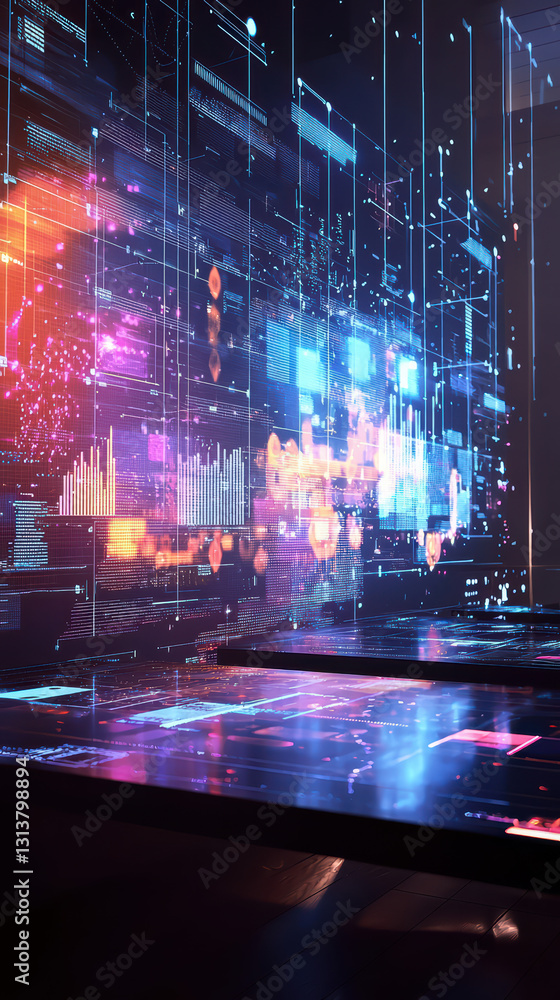 Poster digital realm: a futuristic cityscape composed of vibrant, glowing geometric structures, presenting 