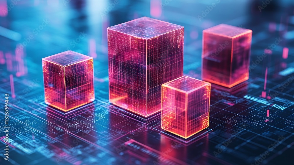 Poster abstract futuristic technology cubes shining with red neon lights on a blue digital circuit board pa