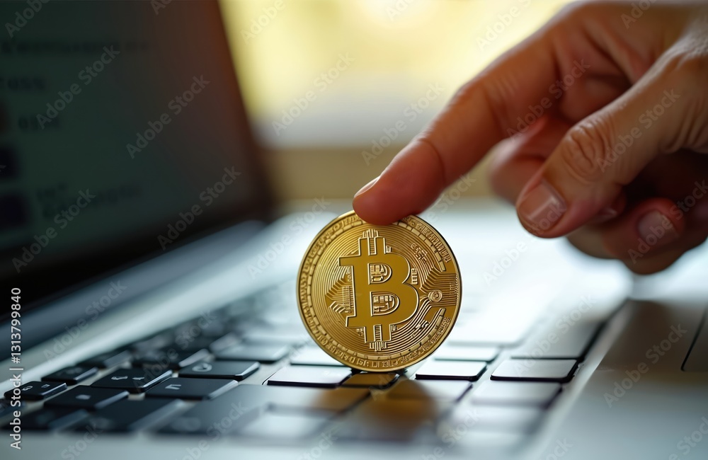Poster close-up of finger pointing at bitcoin over laptop keyboard. crypto currency golden coin on computer