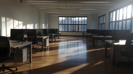 empty modern office space with sunlight streaming through large