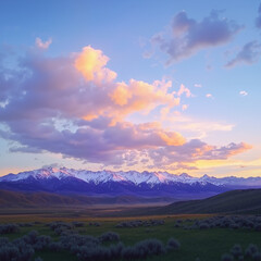 Fototapeta premium a beautiful sunset with mountains in the background. The sky is filled with clouds and the sun is setting