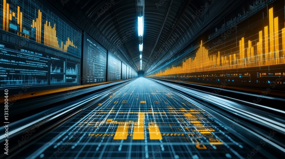 Poster futuristic financial digital pathway conveying complex data visualizations and statistical insights 