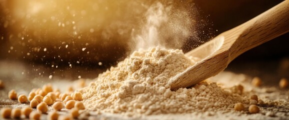 Golden chickpea flour spills from a wooden scoop, creating a rustic and warm image.