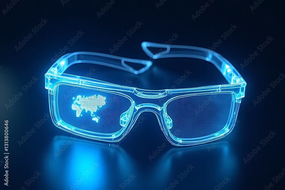 Poster futuristic augmented reality glasses displaying digital world map tech vision dark environment close