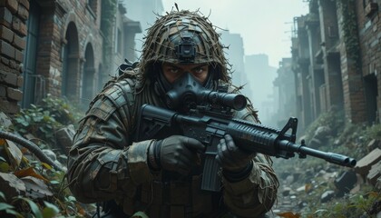 Fototapeta premium Soldier in Ruins, Gas Mask, Rifle - - Military and Warfare Imagery
