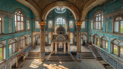Obraz premium Interior of abandoned synagogue with intricate architectural details and sunlight streaming through windows
