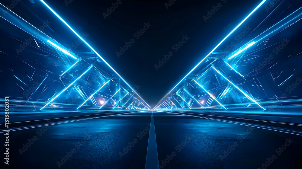 Poster futuristic neon blue illuminated pathway with triangular geometric shapes reflecting on wet asphalt 