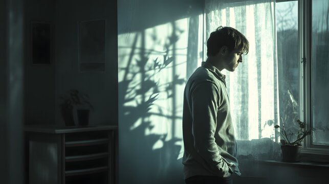 man standing by window contemplative pose