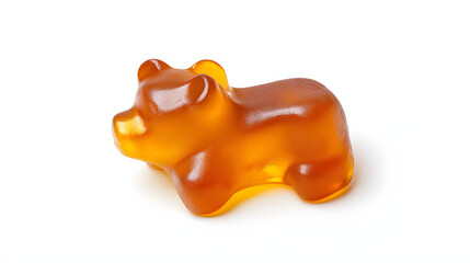 A 3D model of a gummy bear on a white background, showcasing vibrant colors and a glossy, jelly-like texture, emphasizing the playful and sweet nature of candy.
