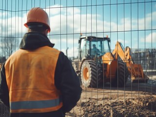 Construction worker in safety gear observing heavy machinery behind a fence.