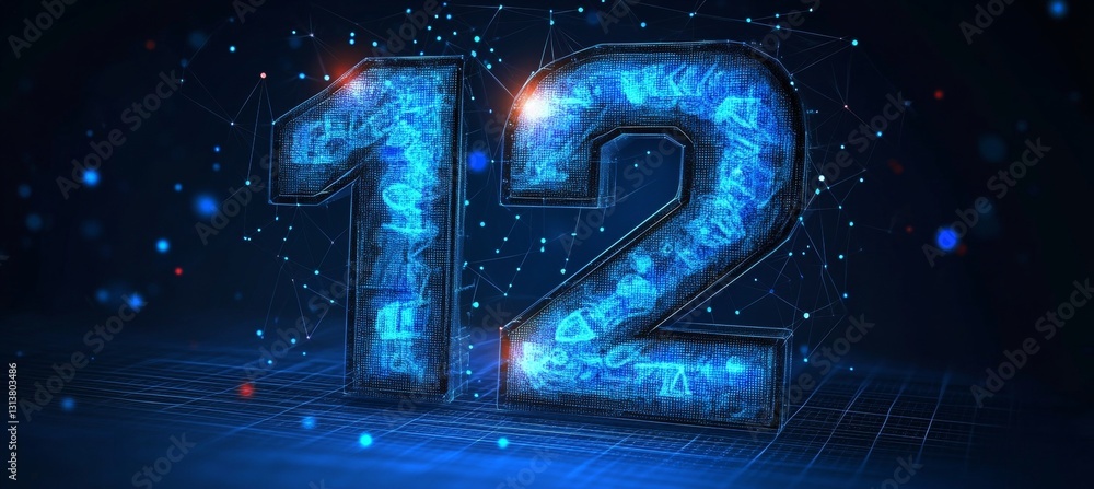 Aufkleber large glowing digital number 12 in futuristic cyber space with abstract technological background