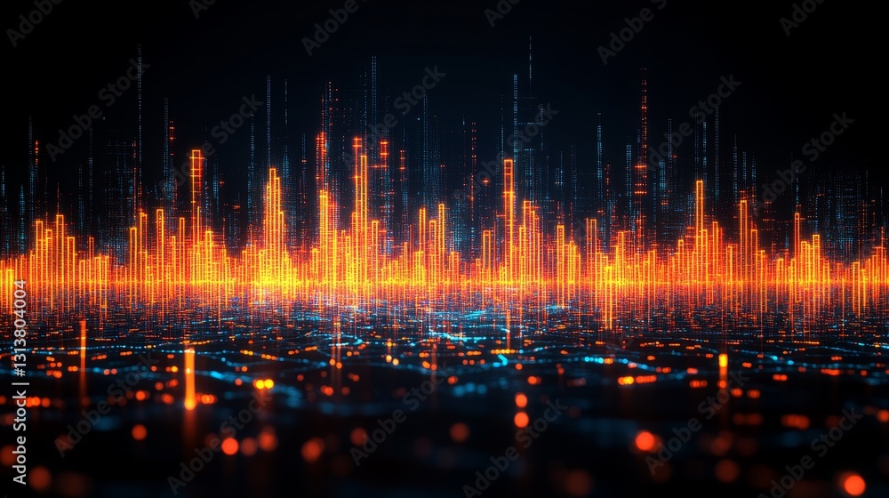 Poster abstract glowing digital cityscape with vibrant light streams representing data flow and futuristic 