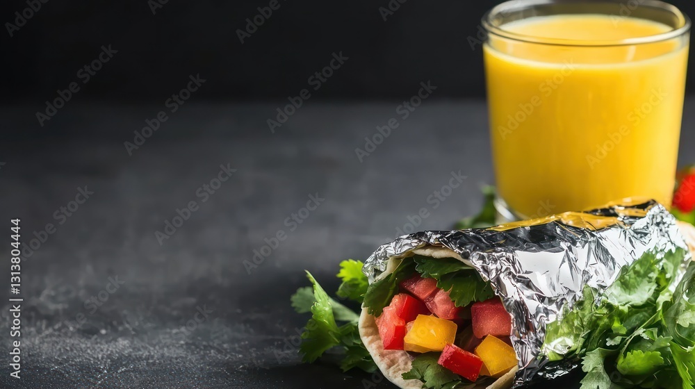 Poster refreshing wrap creation with vibrant juice against dark surface captures light and shadow in eyelev