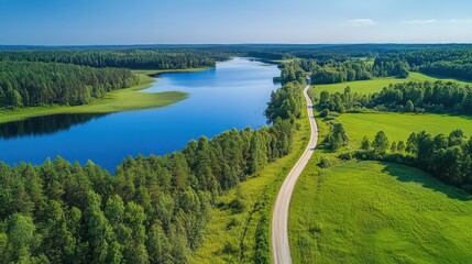 Fototapeta premium Scenic aerial view of serene lake and lush forest landscape