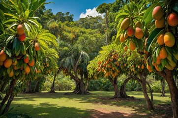 Mango trees with ripe fruit in a sunny grove