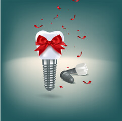 Tooth implant For Gift, Red Bow Confetti, Vector 3d Style