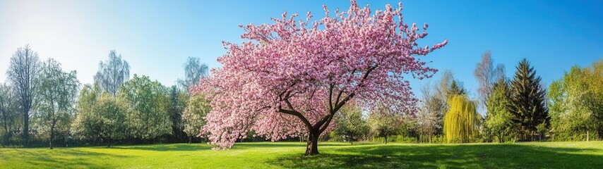 A blossoming cherry tree in a vibrant green park.