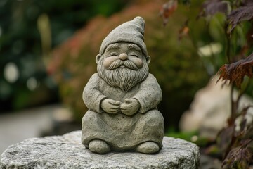 A small garden statue of a gnome perched on a rock, surrounded by lush greenery