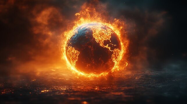 A dramatic image of a globe on fire signifying the urgent environmental crisis and the effects of global warming